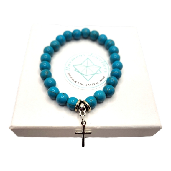 8 mm Turquoise Cross charm bracelet - Picture 2 of 4